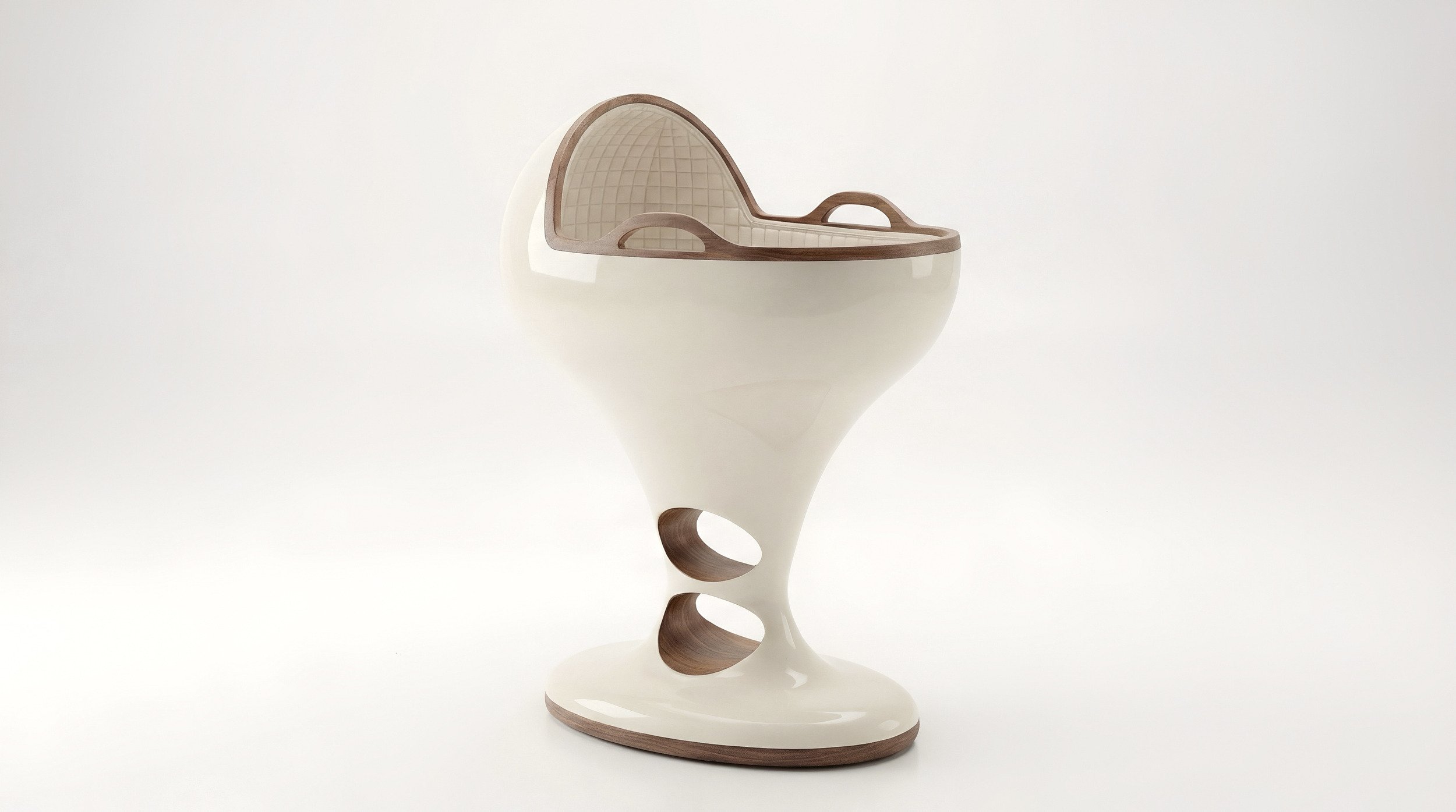 SUOMMO Dodo Sakura, limited edition baby bassinet crafted in Japanese keyaki wood, three-quarter view.