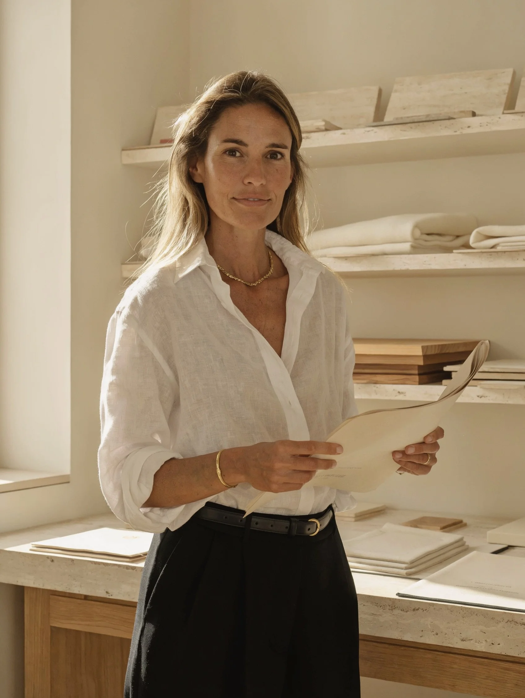 Inside SUOMMO, a SUOMMO team member holding design sheets beside a worktable and material shelves.