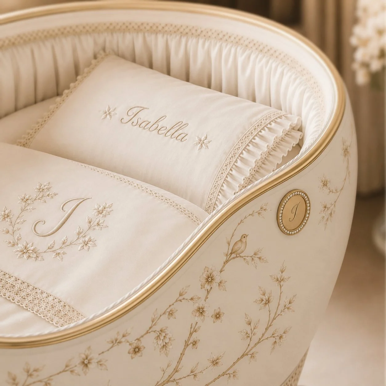 Inside SUOMMO, personalised bassinet bedding embroidered with Isabella and a monogram, beside floral motifs.