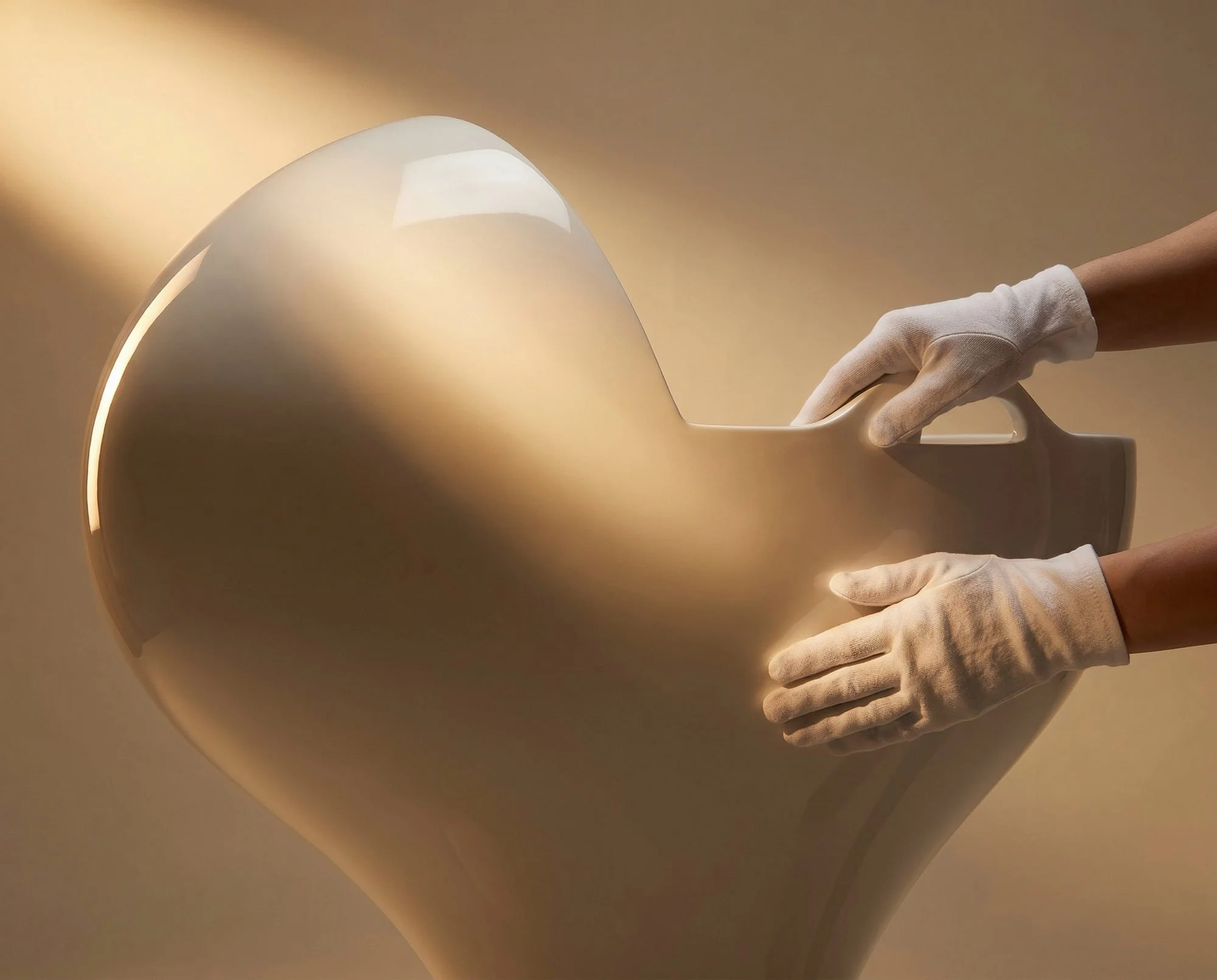 Inside SUOMMO, white-gloved hands working across a curved polished gold-toned surface.