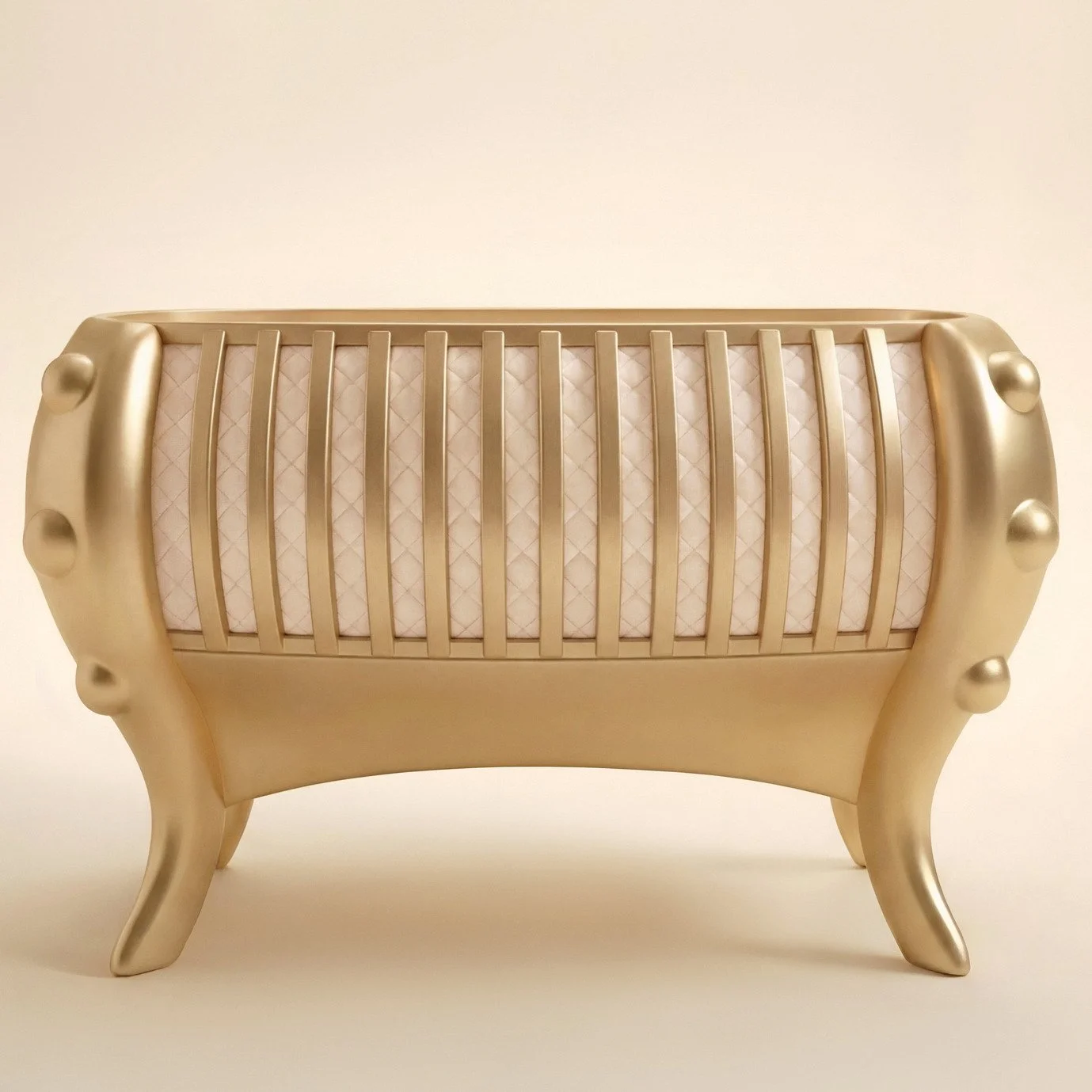 Front view of SUOMMO La Perla Crib Gold, luxury baby crib finished in 18 carat gold.