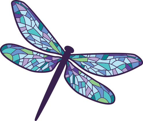 Illustration of a colorful dragonfly with mosaic-style wings in shades of blue, purple, and green.