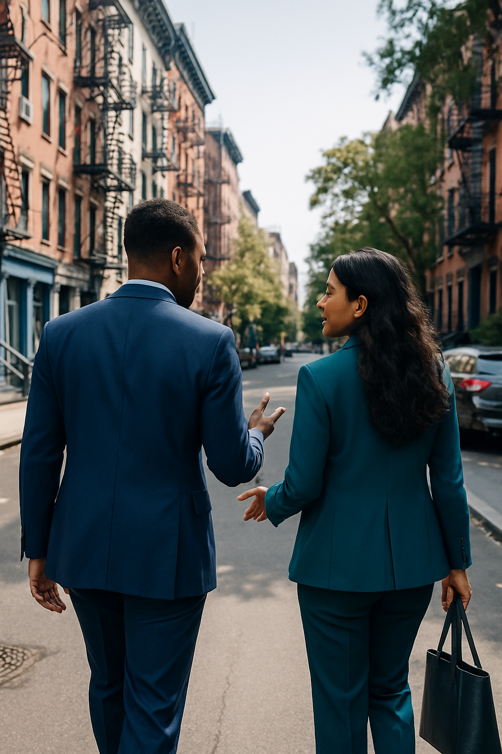 Two BIPOC, ambitious professionals walking through the East Village in NYC, talking deeply—representing healing and empowerment through somatic therapy, emotional clarity, and queer-affirming support.