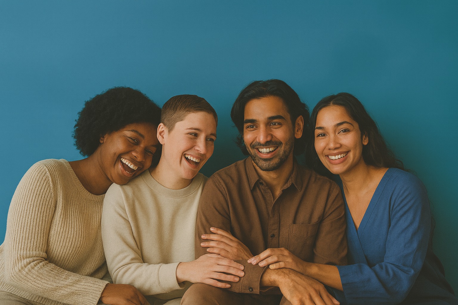Diverse group of young adults smiling together — representing NYC somatic therapy, LGBTQ-affirming counseling, BIPOC-centered mental health support, and therapy for high-earning creative professionals.