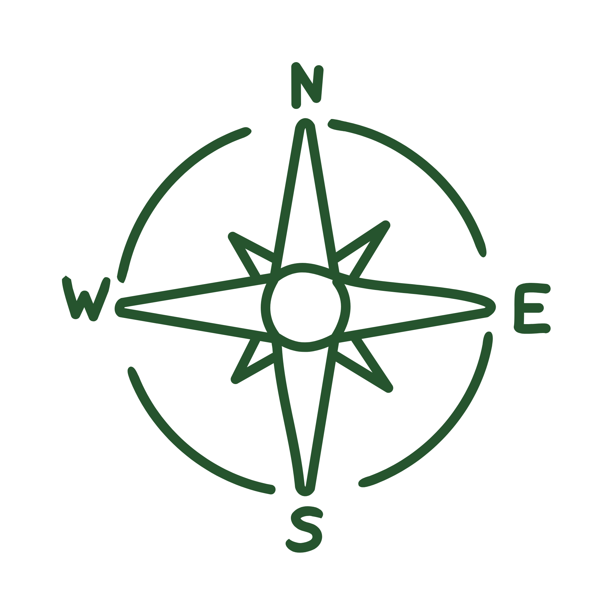 A green compass rose with directions N, E, S, W, overlaid with the words 'Earth, Wind, Water, Fire' in black text, arranged around the compass.