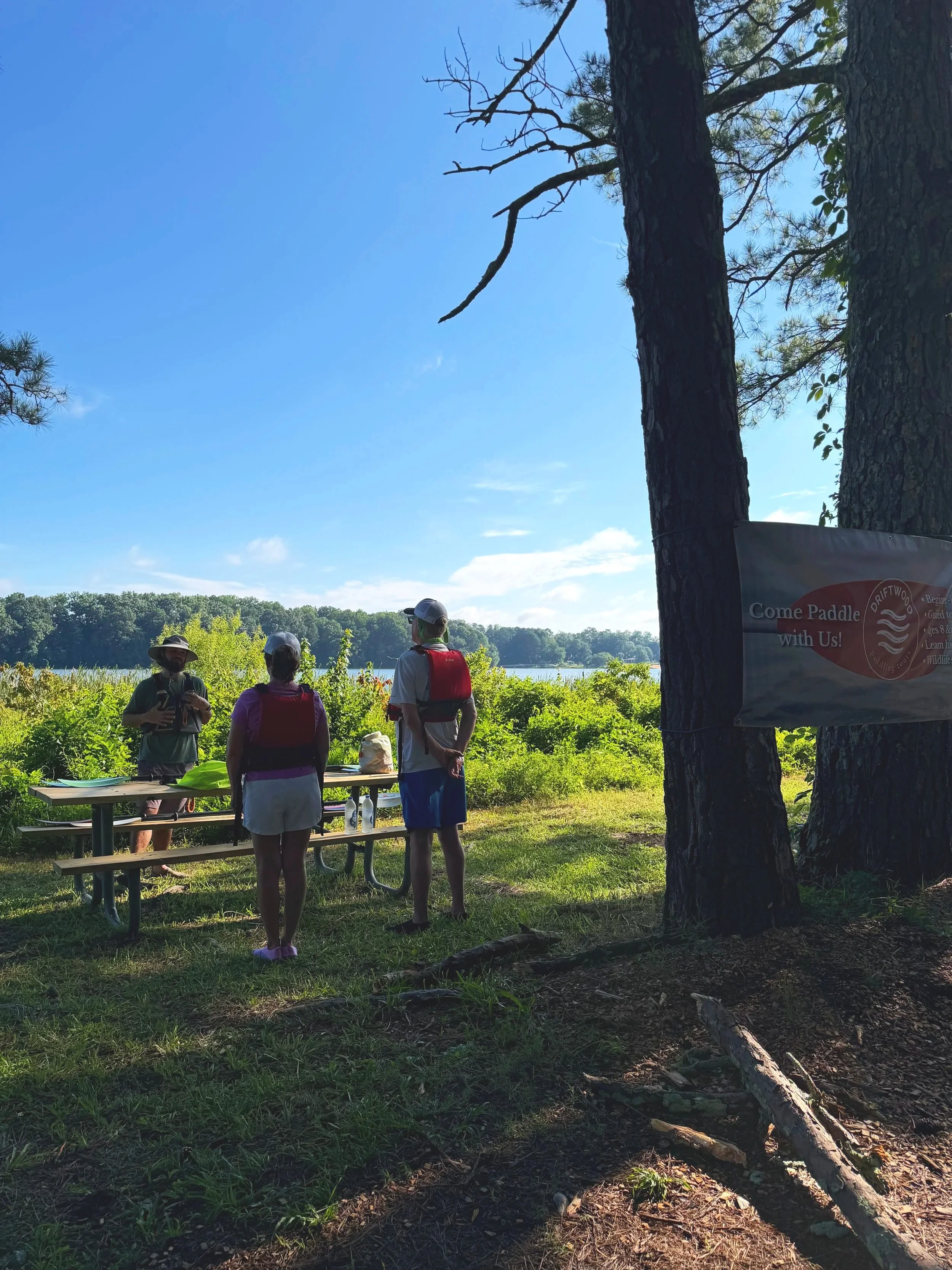 Driftwood staff giving a safety briefing before the Learn to Kayak lesson and guided tour on Lake Acworth in Acworth, Georgia.