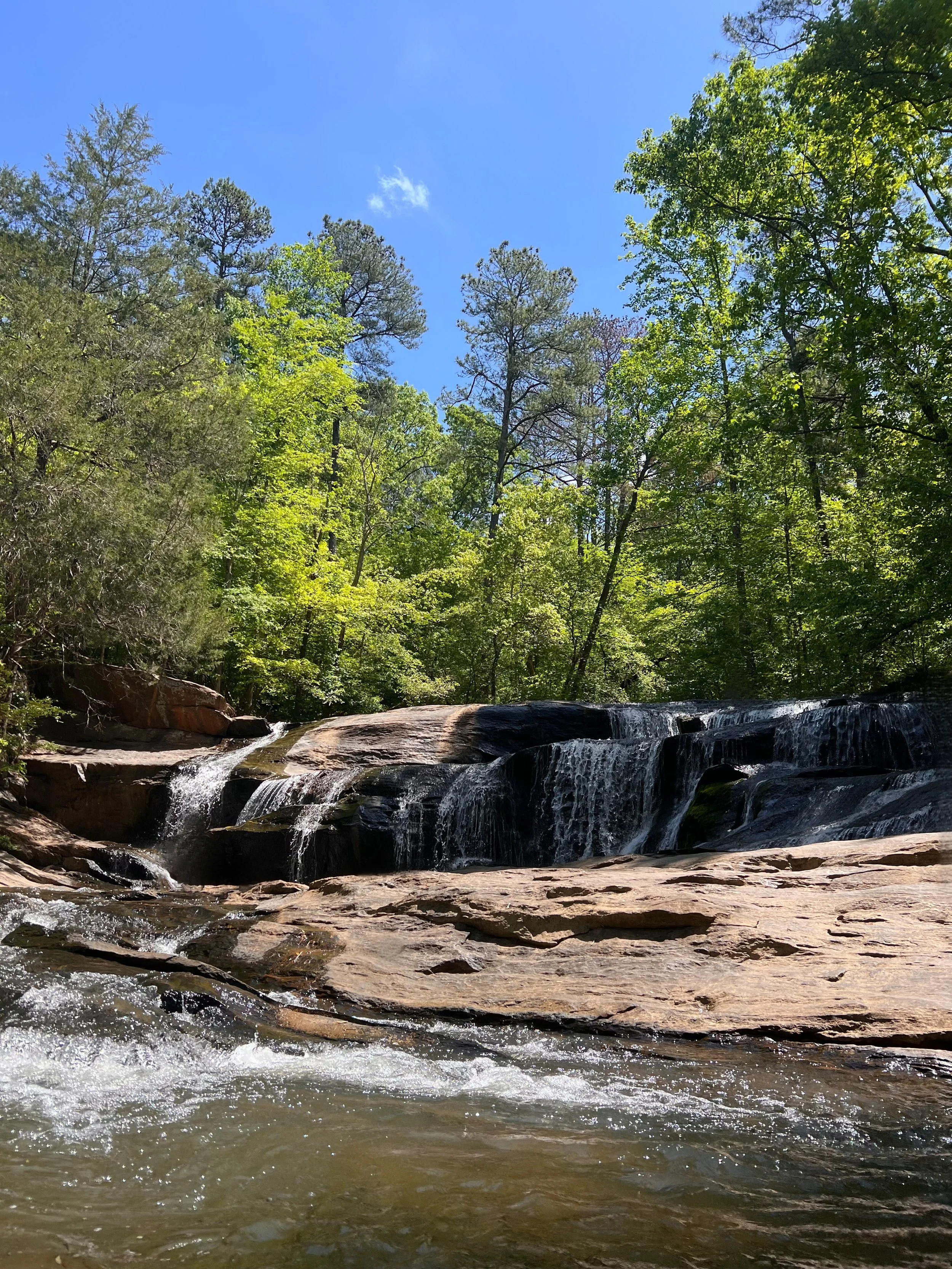 A small waterfall flowing over rocks in a forested area, with trees and a blue sky in the background.
