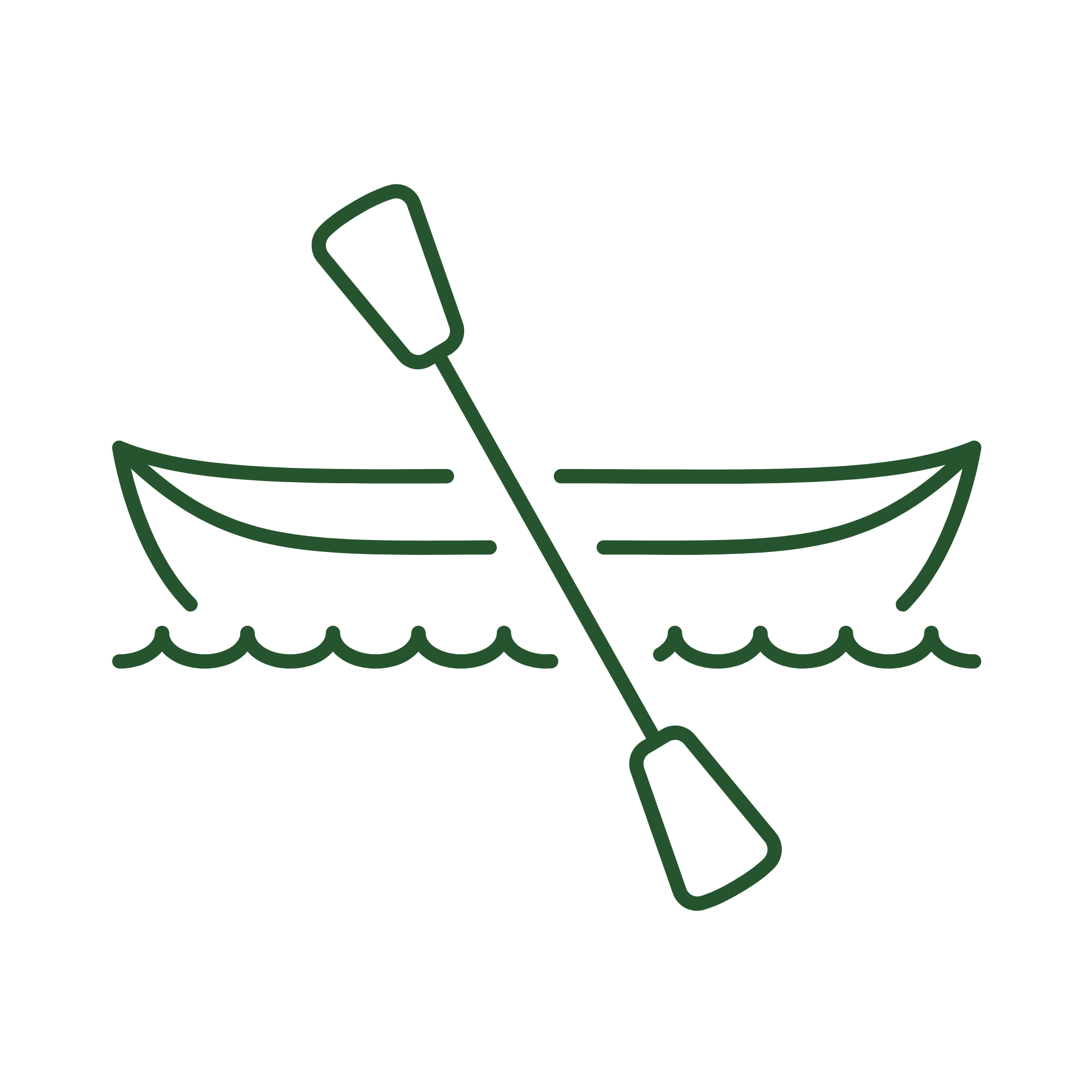 Line drawing of a rowing boat with oars and a paddle.