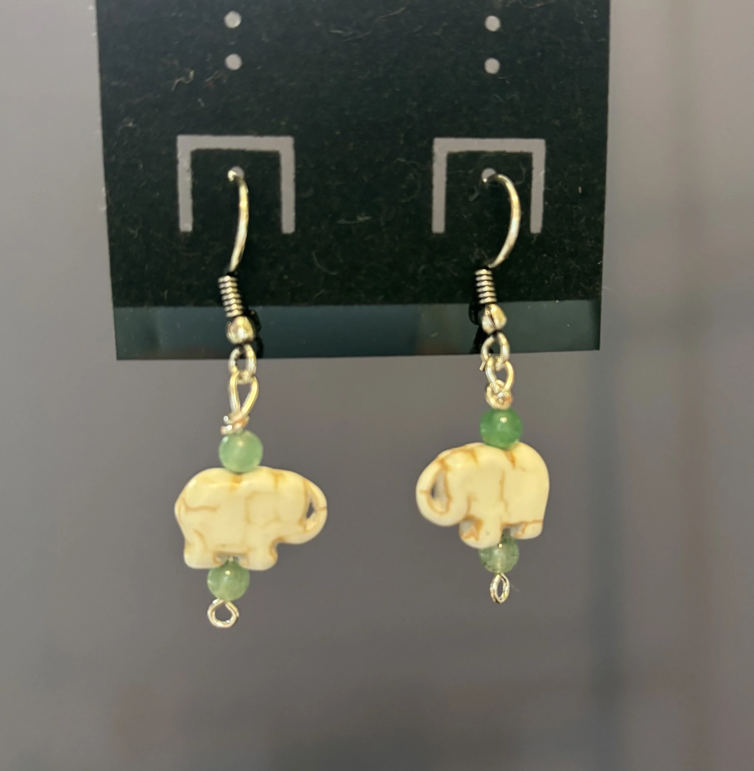 green adventurine and elephant earrings