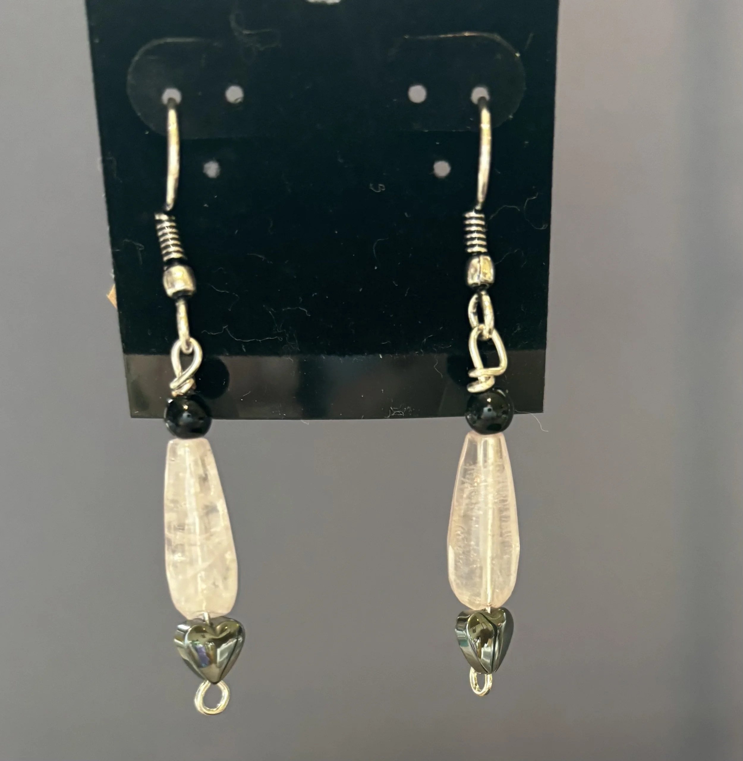 rose quartz and hematite heart earrings