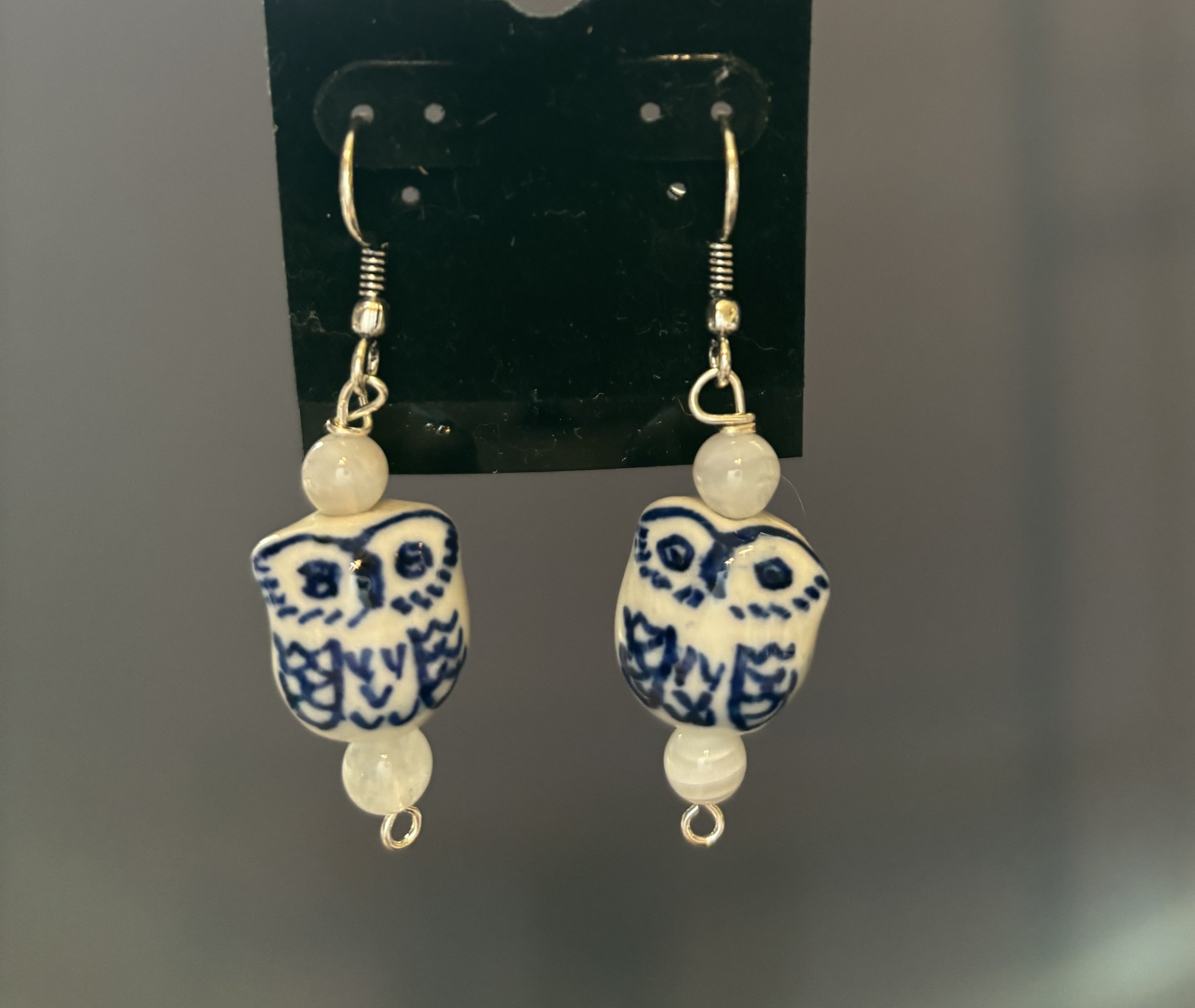 white owl ceramic with moonstone earrings