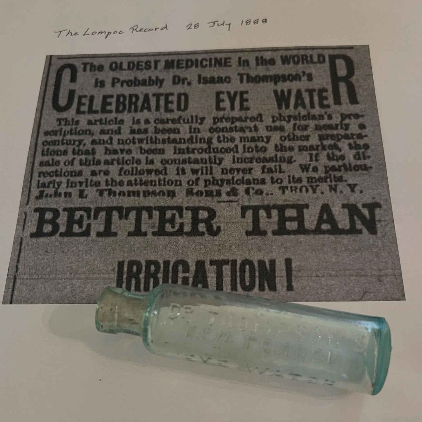 Today&rsquo;s History Moment at our monthly board meeting is the result of a chance find Museum President Dean Enderlin made when work was being done on his property. A little antique bottle for Dr. Thompson&rsquo;s Eye Water was unearthed, and being
