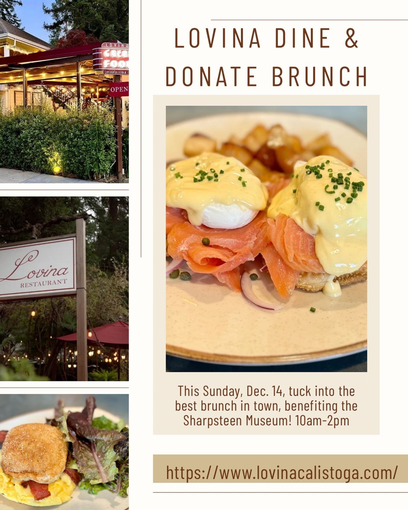This Sunday, Dec. 14, 10am-2pm, join us at @lovinacalistoga for the most delicious brunch in town, benefiting the @sharpsteenmuseumcalistoga as part of our @napavalleygiveguide fundraising campaign. Make your reservation here: https://www.lovinacalis