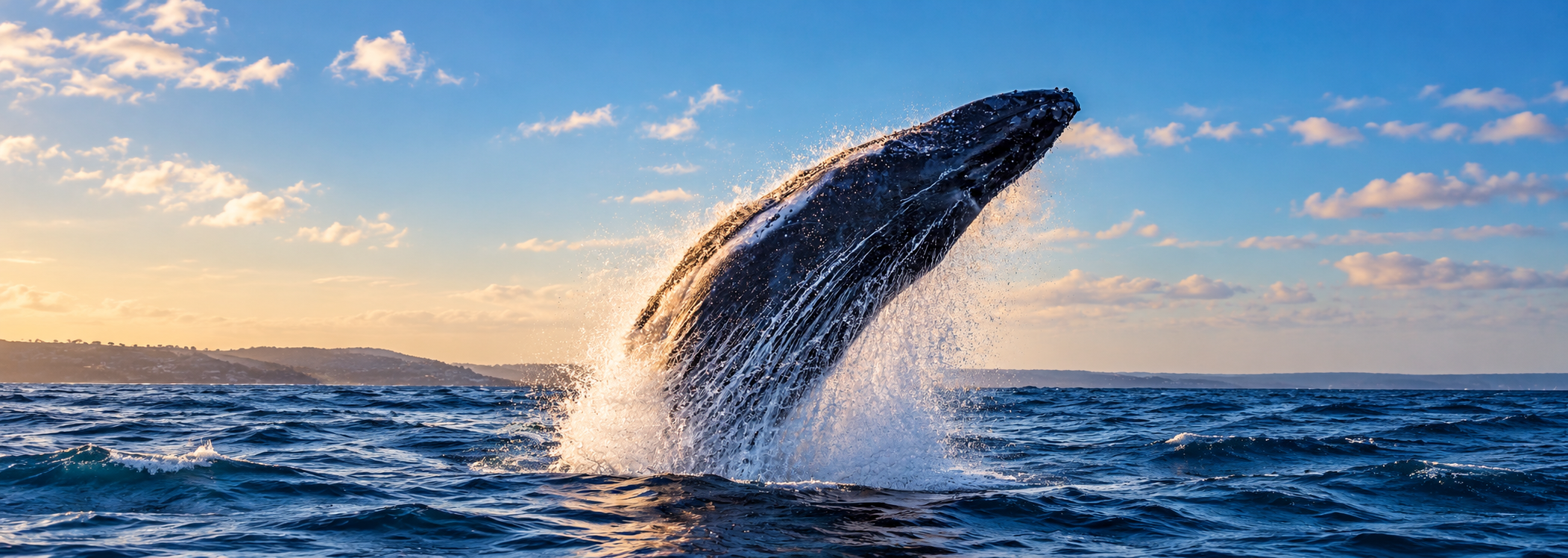 Humpback whale breaching above the blue ocean with water cascading from its body