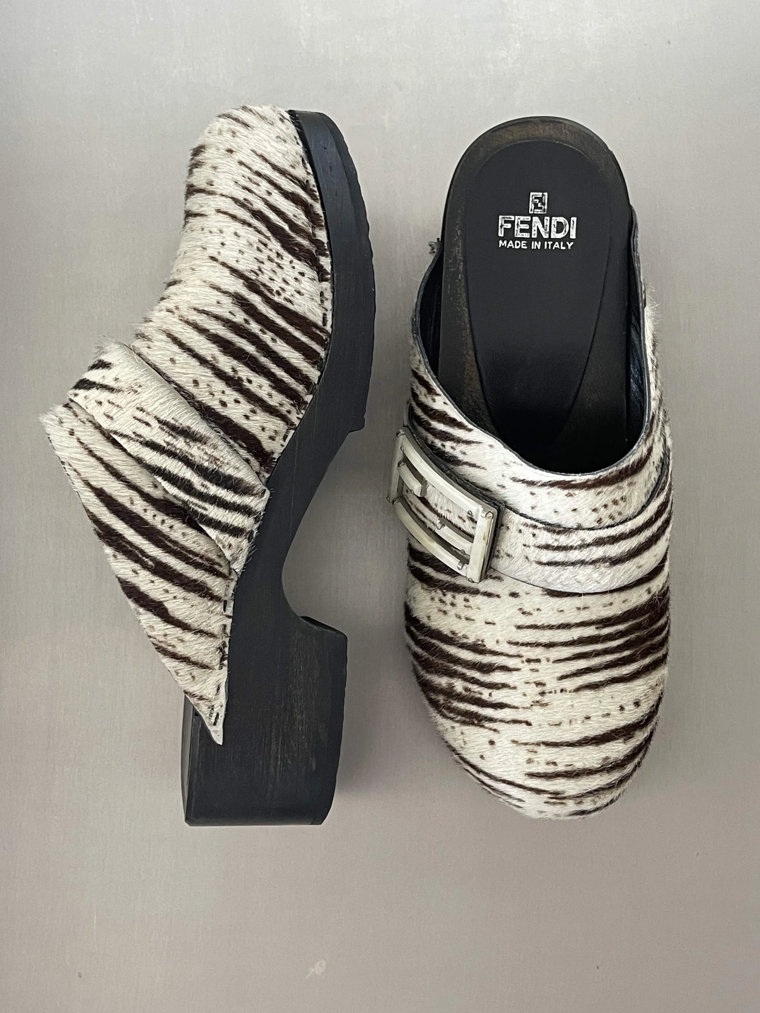 Fendi Zebra Ponyhair Clogs 38