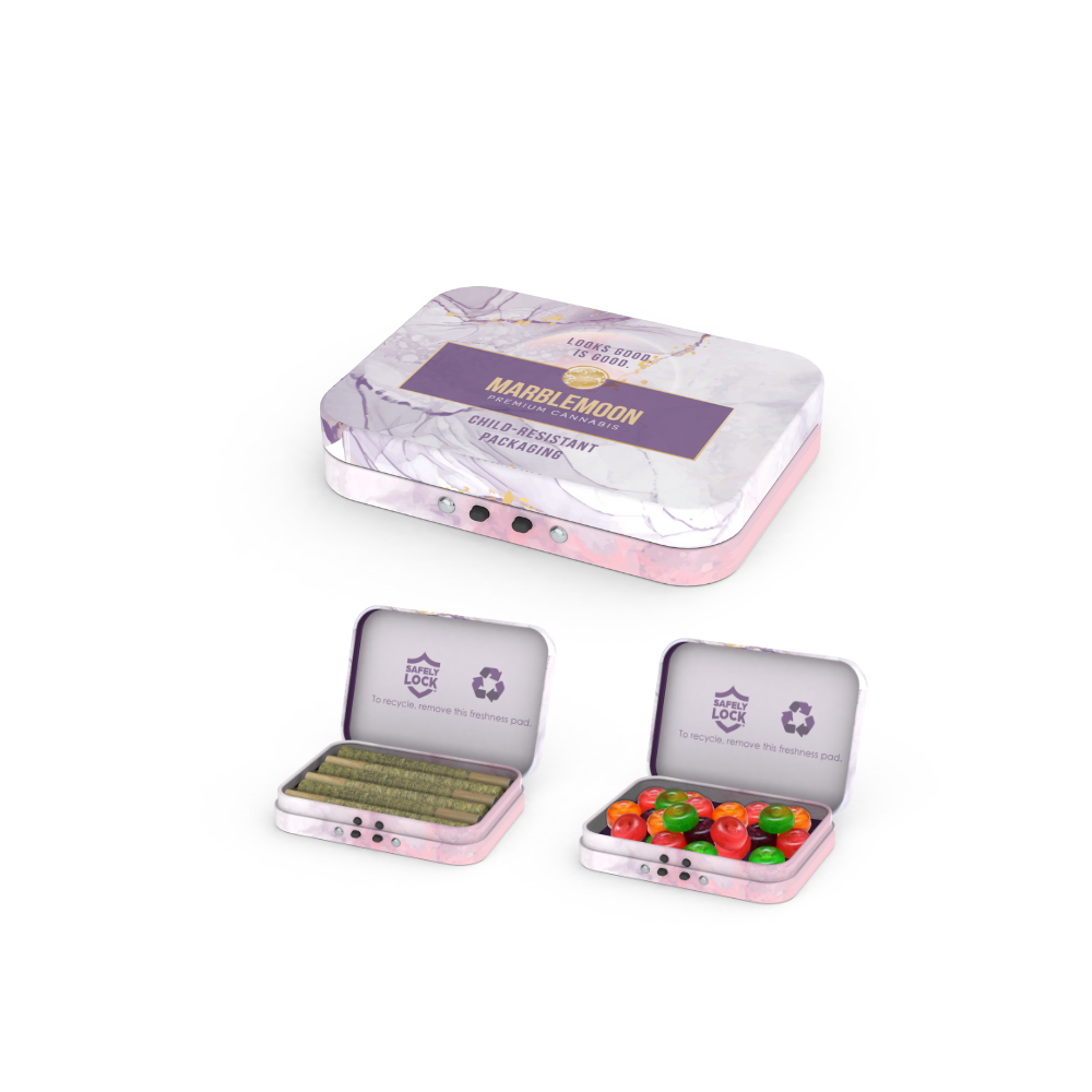 Marble Moon branded child-resistant storage tins containing a pack of pre-rolled cannabis joints and colorful candies.