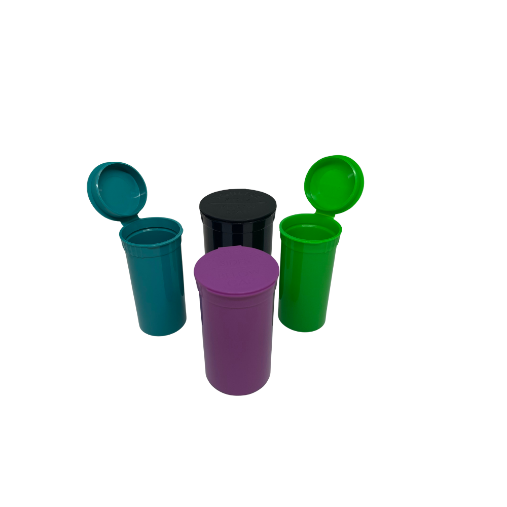 Three cylindrical containers with lids, likely for storing or carrying cannabis or related products, with labels reading 'butter,' 'safely lock,' and 'home compostable'.