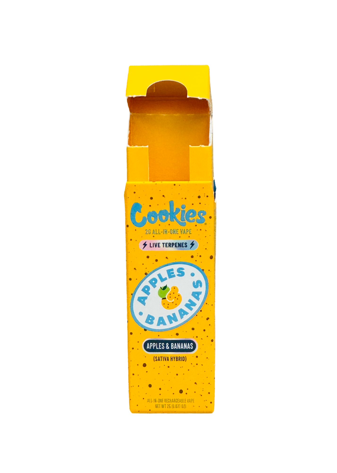 Open orange box of Cookies branded all-in-one vape with apple and banana flavor, showing the packaging design.