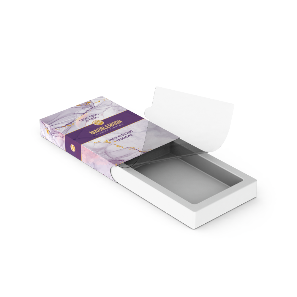 Empty marble lemon-scented candle packaging box with a transparent window and a partially opened lid.