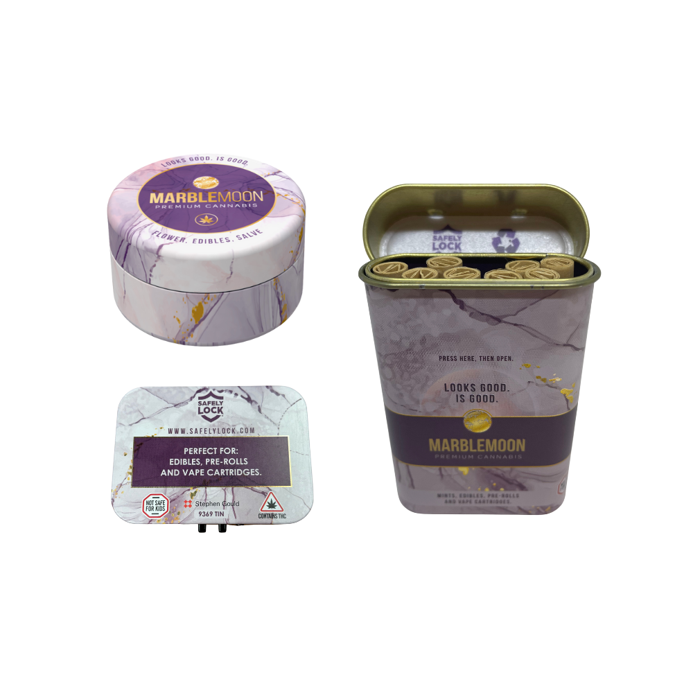 Cannabis edible packaging with a round container, a rectangular tin with sealed rolls inside, and a tall, purple-marble box labeled 'Marble Moon' containing pre-rolled cannabis.