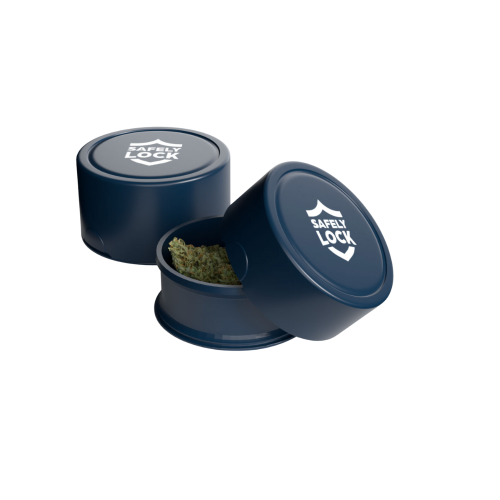 Blue circular container with a lid labeled 'Safely Lock', one container is open showing cannabis inside.