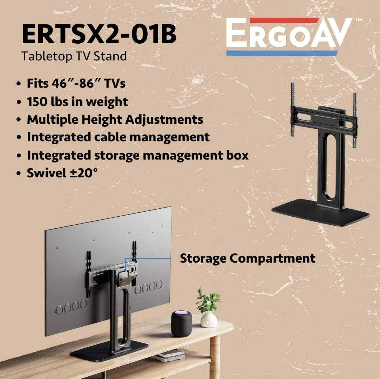 I created this image to highlight the unique design of the tabletop TV stand, which features built-in cable management and an embedded slot for an Apple TV.
