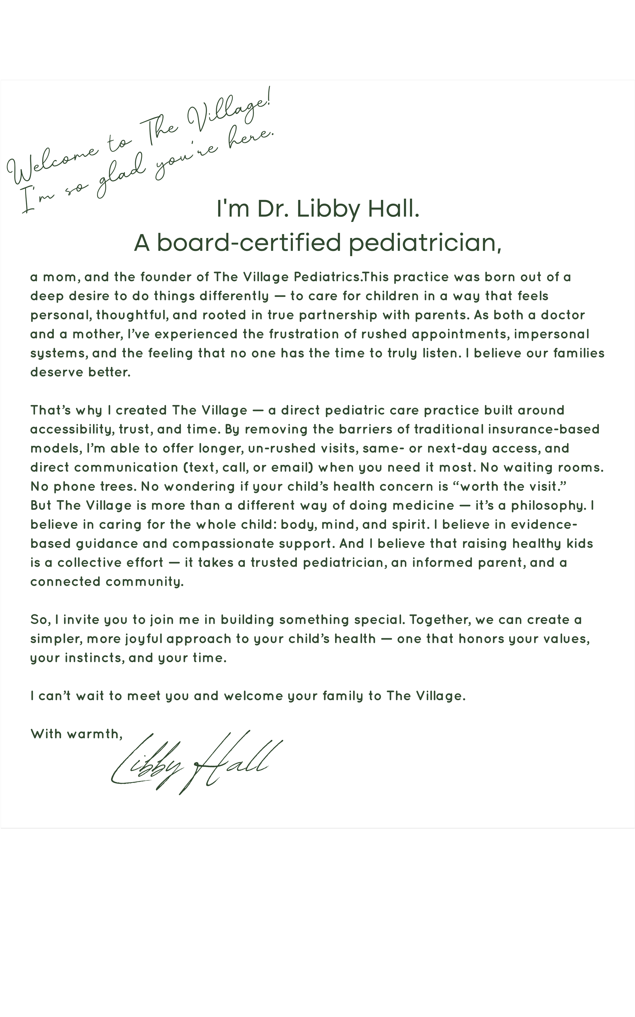 Letter from Dr. Libby Hall inviting parents to join The Village Pediatrics, emphasizing accessible and holistic pediatric care, with a signature at the bottom.