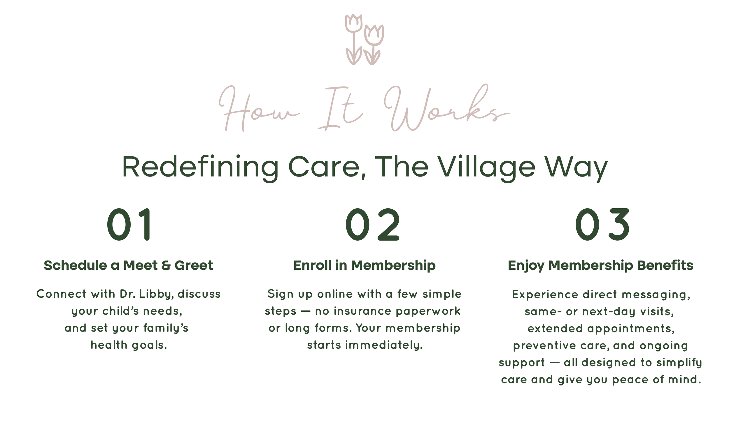 An informational graphic titled 'How It Works: Redefining Care, The Village Way' with three steps: 1. Schedule a Meet & Greet, connecting with Dr. Libby to discuss child's needs and health goals; 2. Enroll in Membership, signing up online with easy steps; 3. Enjoy Membership Benefits, experiencing direct messaging, visits, extended appointments, preventive care, and ongoing support.
