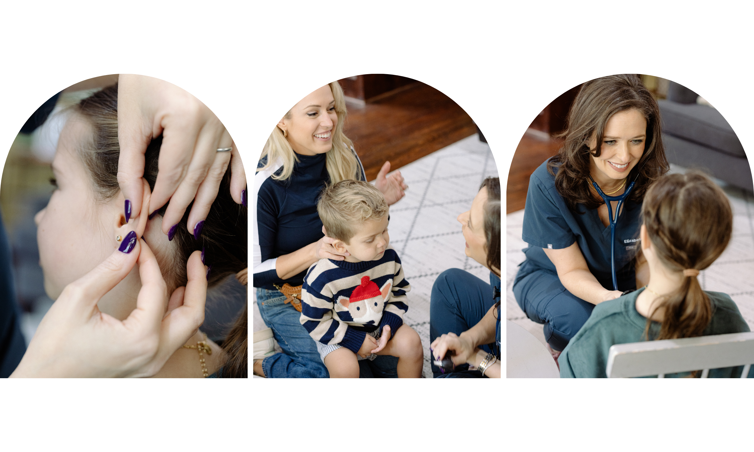 A collage of three images showing Pediatric doctor and children at a clinic, with a close-up of a healthcare professional examining children.