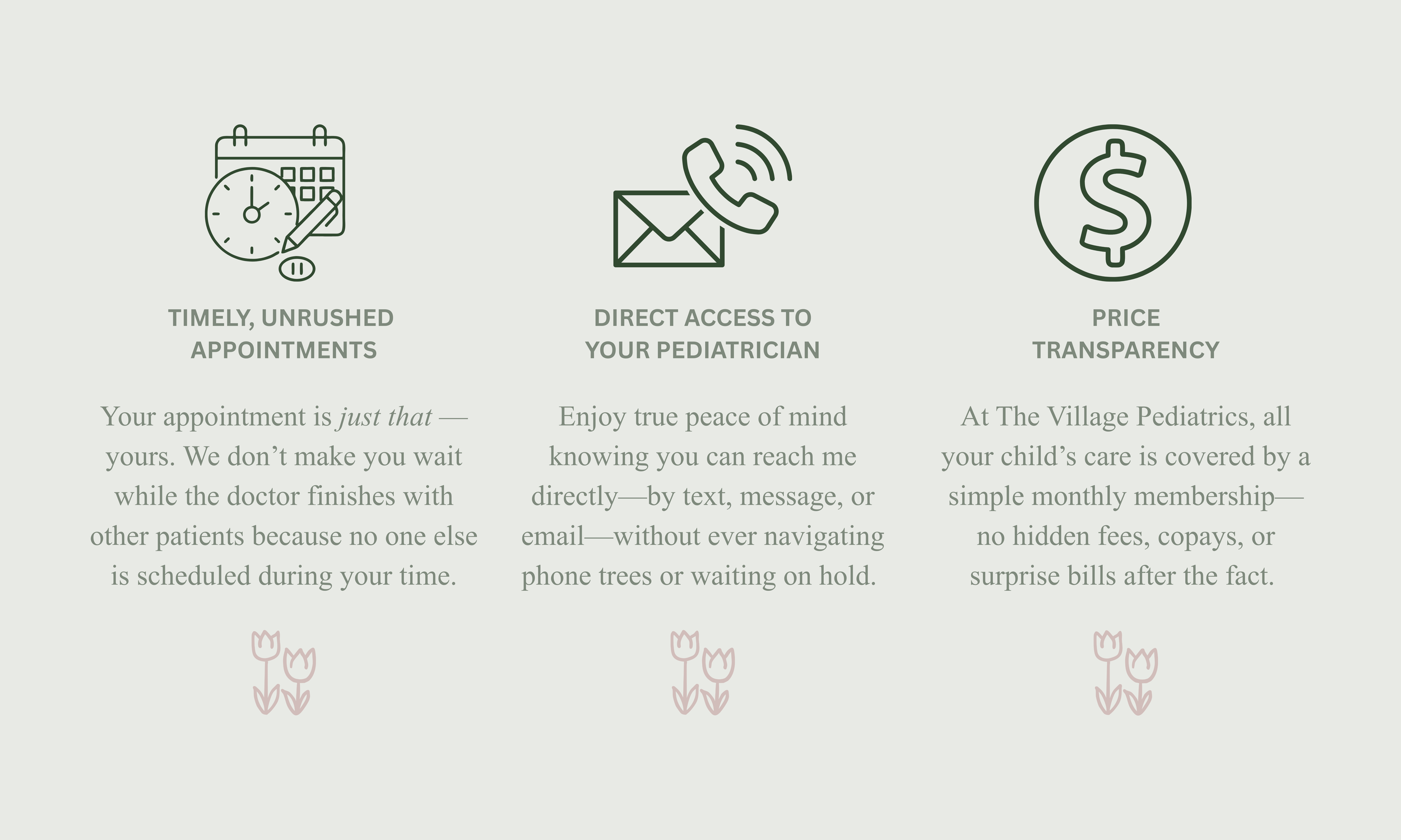 Three columns highlighting benefits of a pediatric care service, with icons: a calendar with a clock symbol labeled 'Timely, Unrushed Appointments'; an envelope with a phone receiver labeled 'Direct Access to Your Pediatrician'; a dollar sign labeled 'Price Transparency'. Each column contains descriptive text about scheduling, direct communication, and transparent costs, with small flower icons at the bottom.