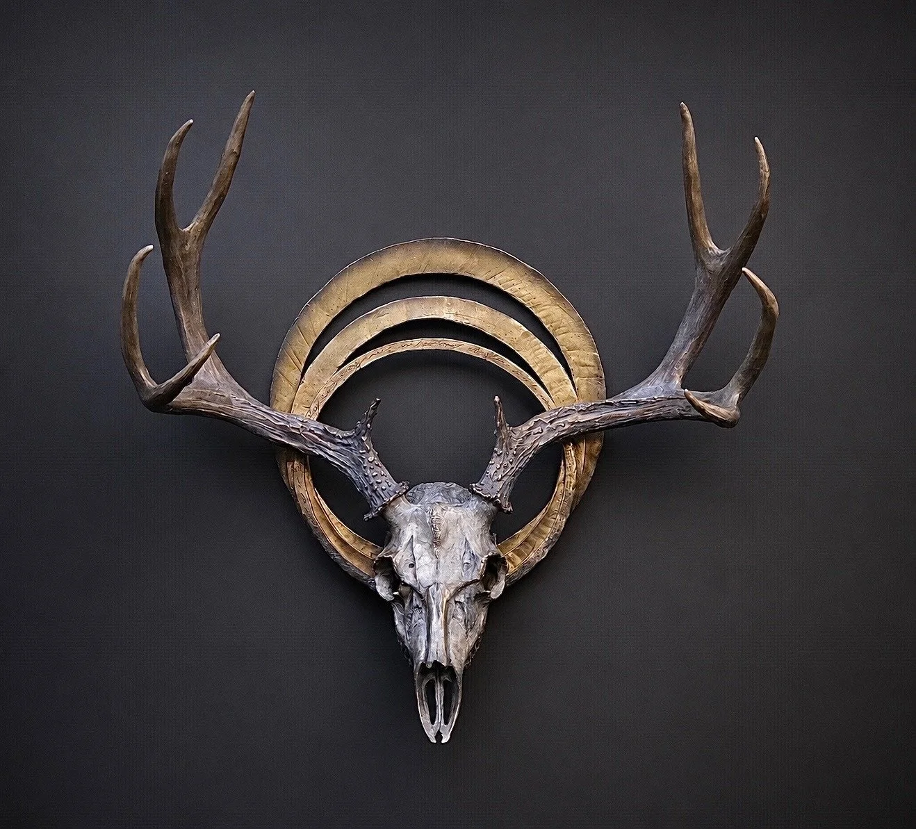 Attuning, Bronze Mule Deer with Halo sculpture by Stephanie Revennaugh