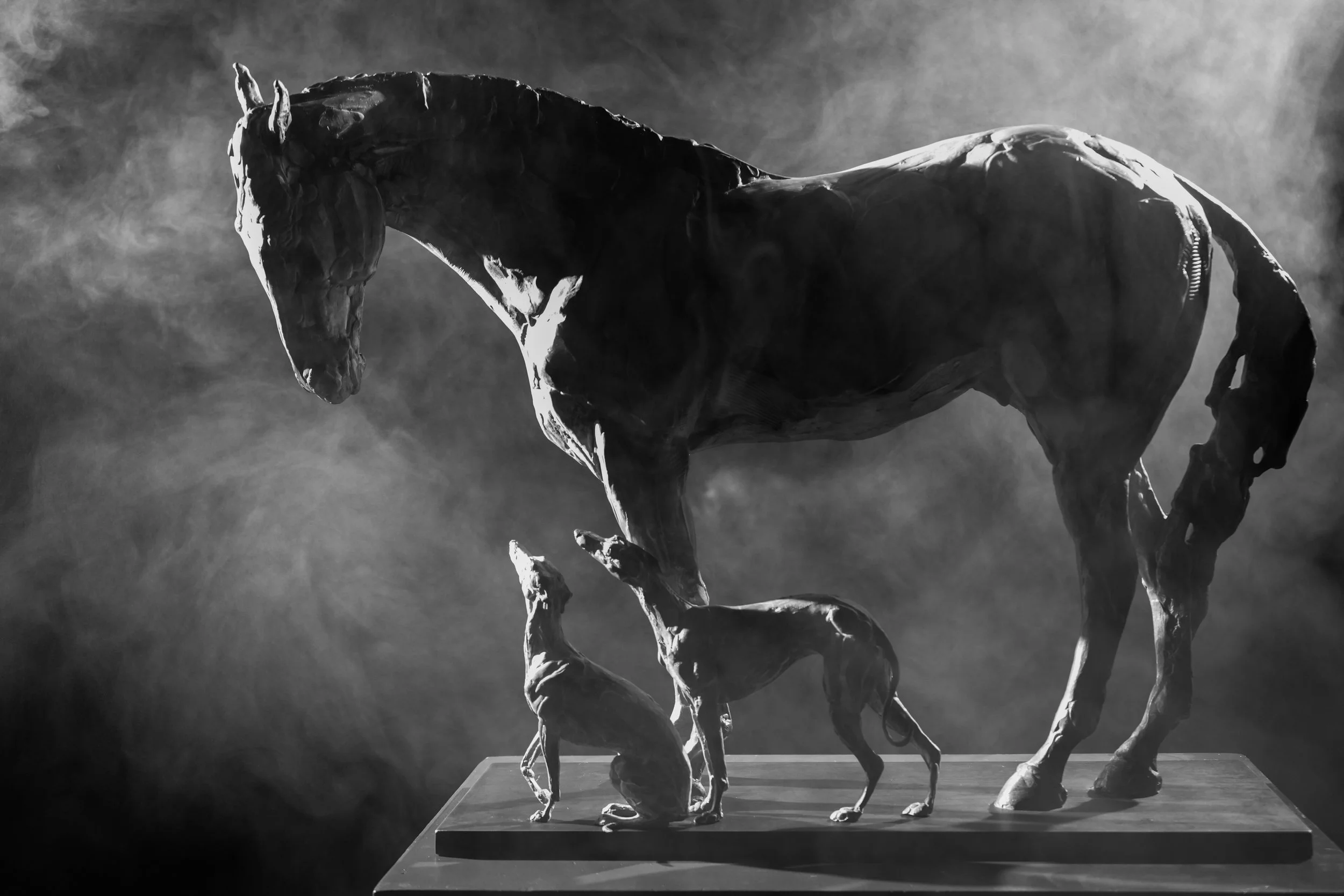 Presence, bronze horse and whippet sculpture by Stephanie Revennaugh