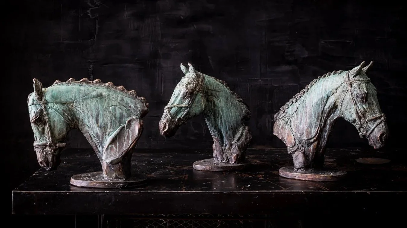 Eventing Trio, Bronze horse busts depicting Dressage, Cross-Country and Show Jumping phases of 3 Day Eventing by Stephanie Revennaugh