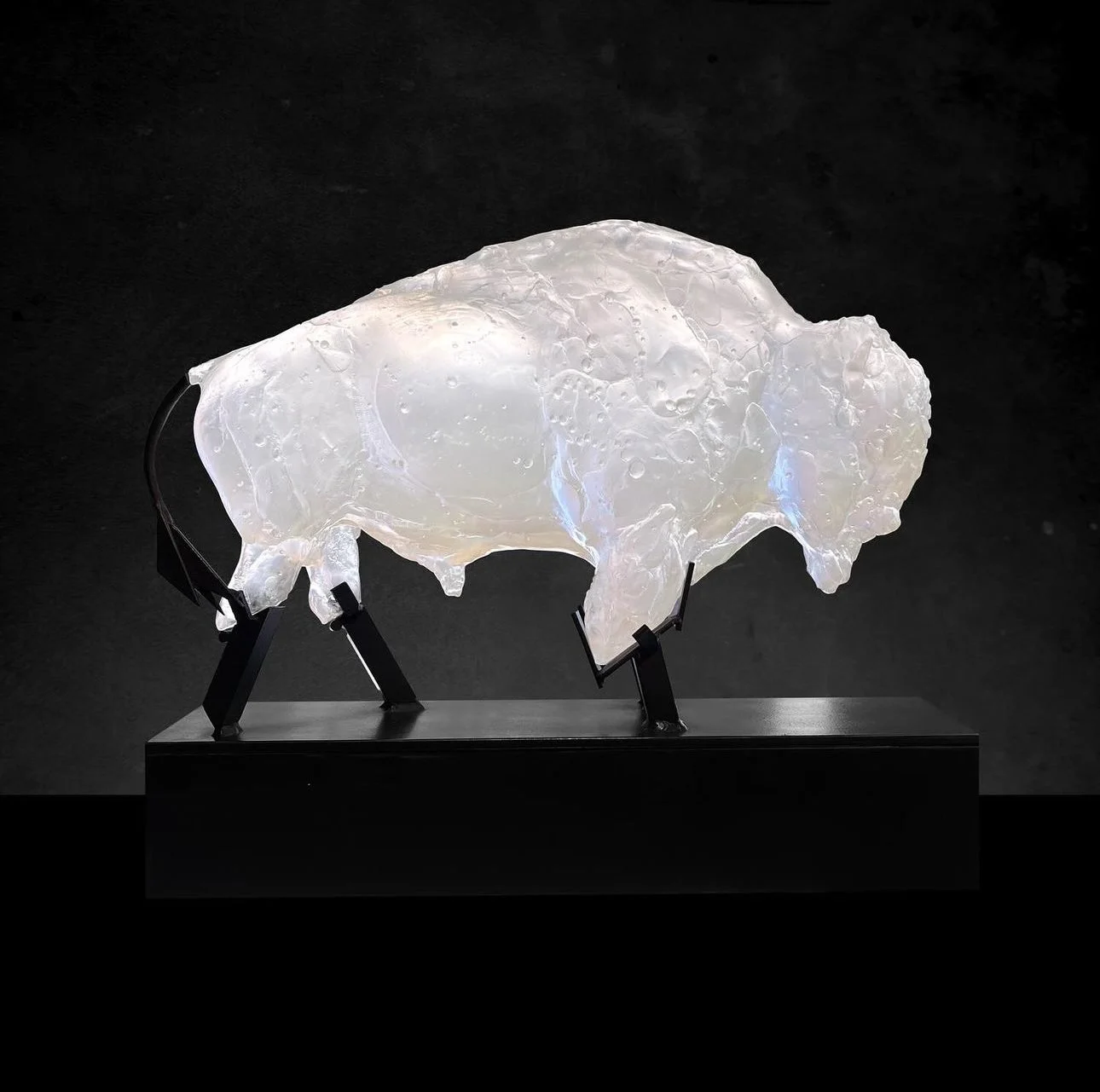 Portent, Cast Glass and Steel American Bison Sculpture by Stephanie Revennaugh-Icy White