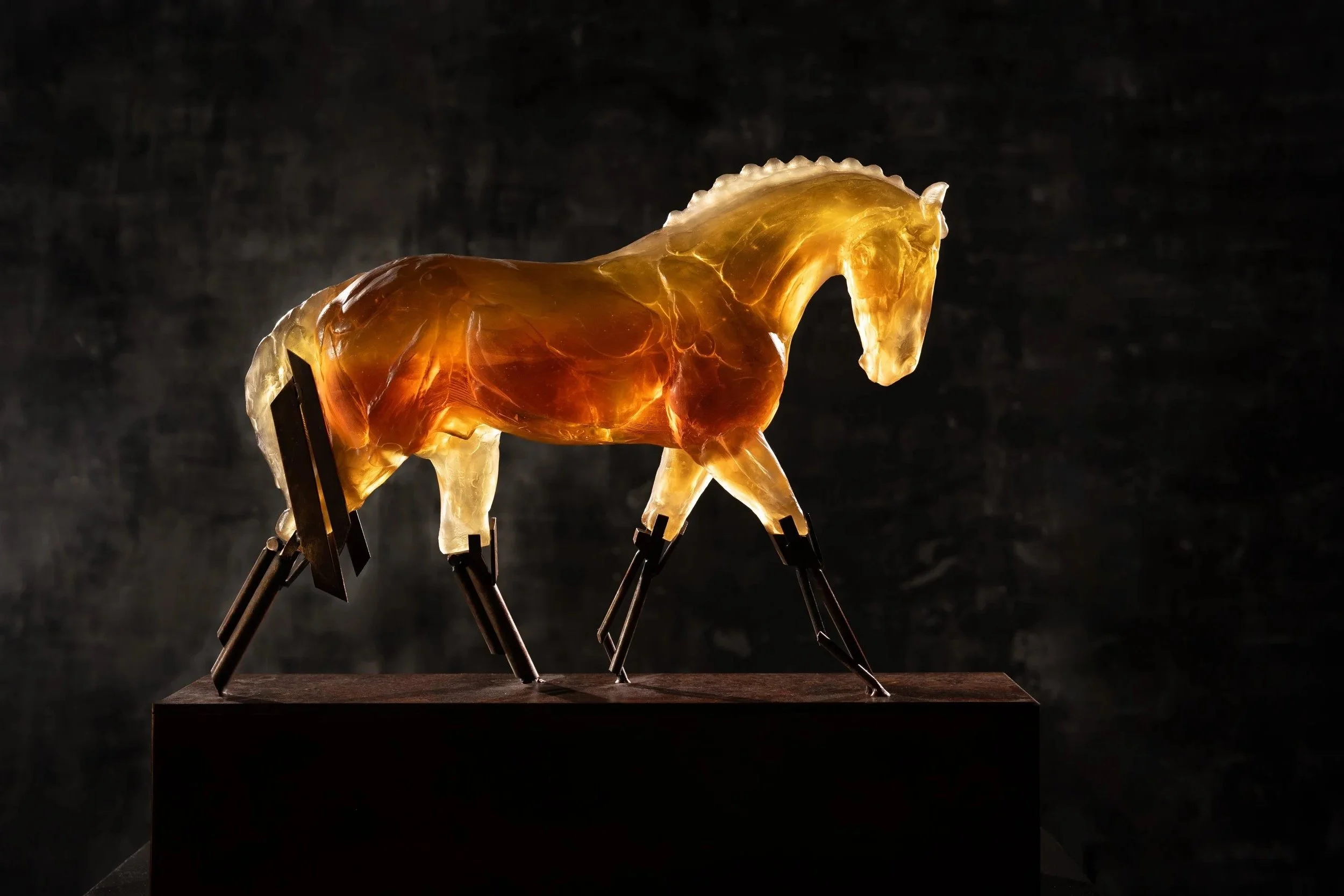 Cadence Cast Glass and Steel Dressage Horse Sculpture by Stephanie Revennaugh -Fire Horse Amber