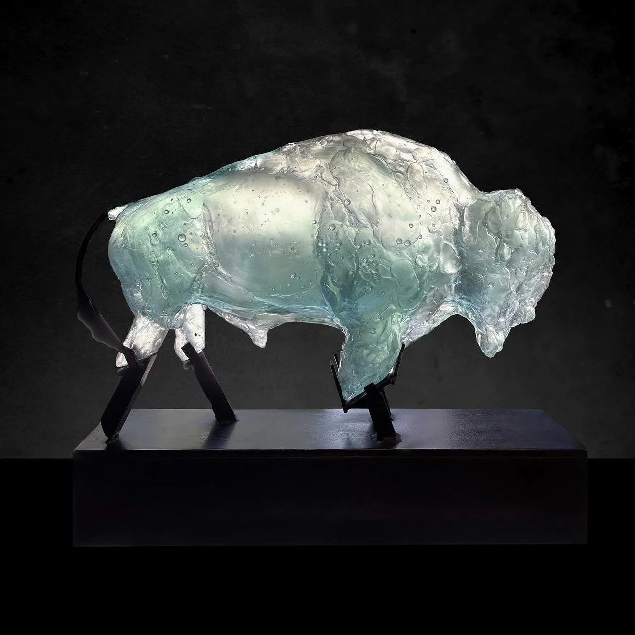 Portent, Cast Glass and Steel American Bison Sculpture by Stephanie Revennaugh- Denim Blue