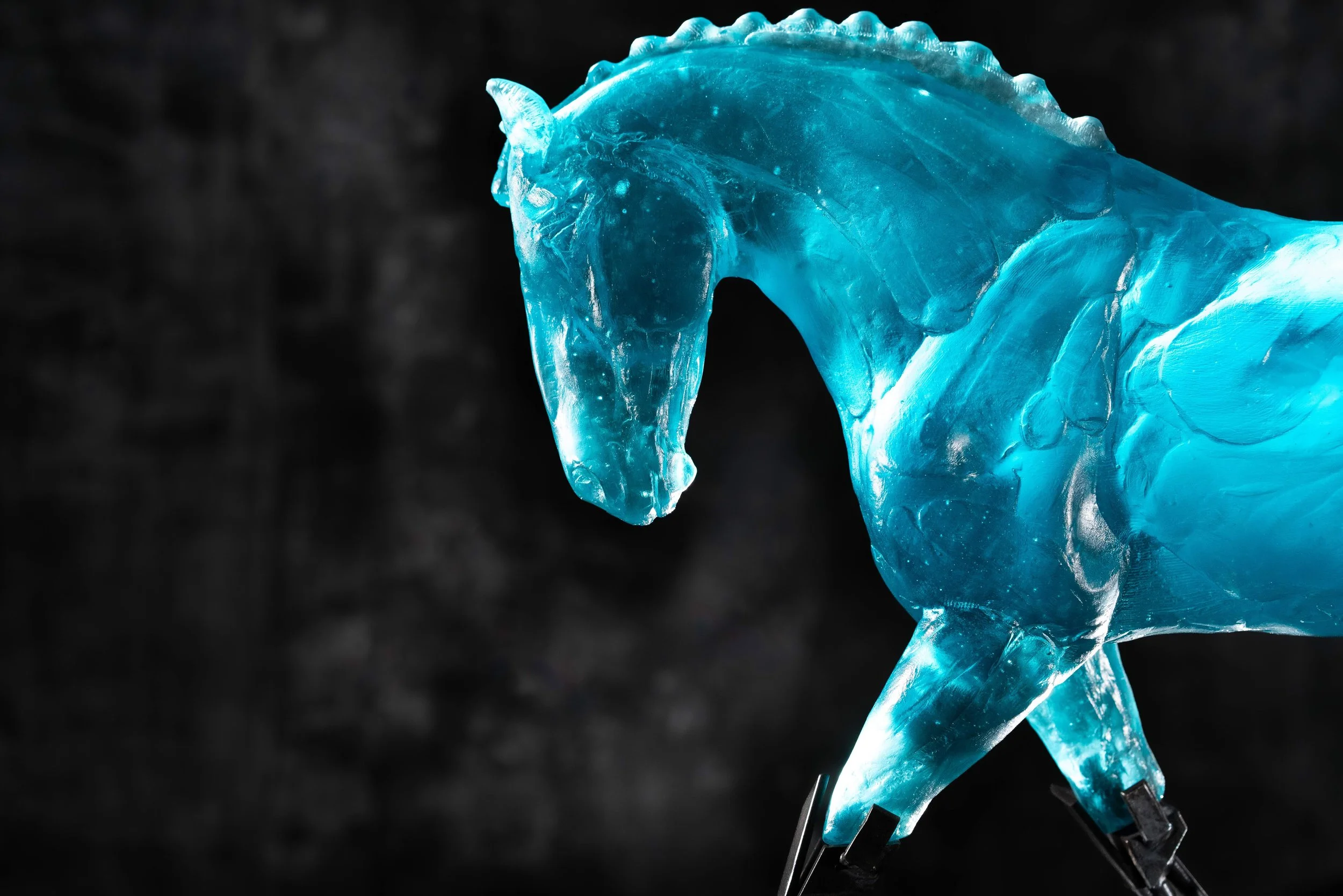 Cadence Cast Glass and Steel Dressage Horse Sculpture by Stephanie Revennaugh Aqua