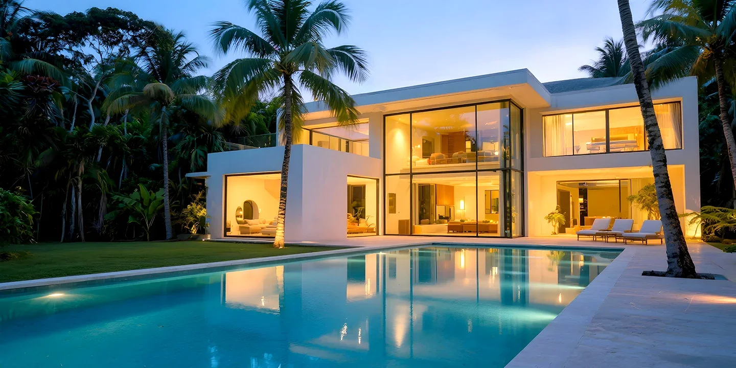 Modern house with large glass windows illuminated from inside, surrounded by palm trees, with swimming pool in the foreground at dusk.