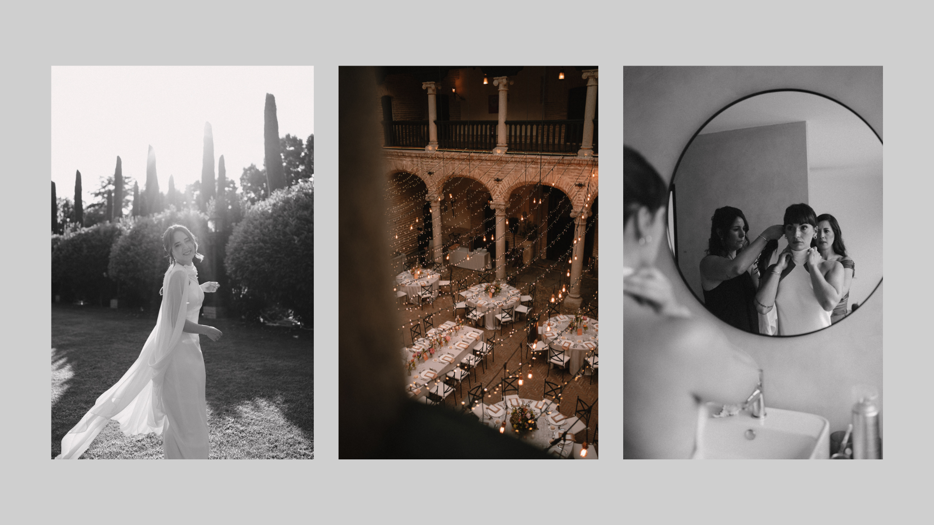 Cena de boda iluminada con guirnaldas y velas. Escena íntima y acogedora capturada en estilo documental y artístico.