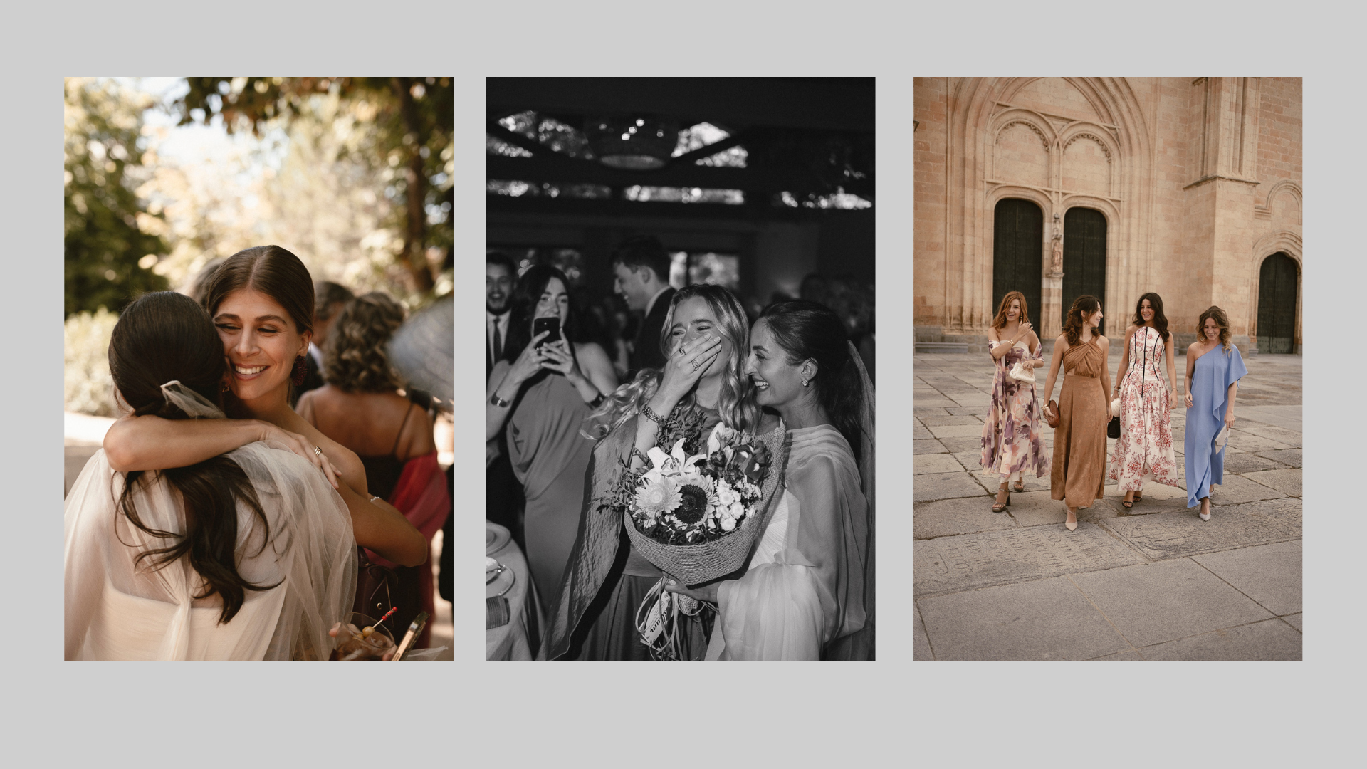 Amigas en una boda recibiendo ramo de la novia
