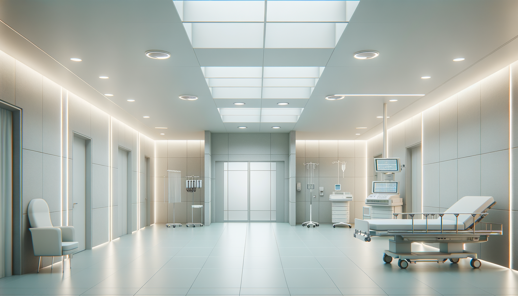 A modern, empty hospital room with a hospital bed on wheels on the right, medical equipment, IV stands, chairs, and closed elevator doors in the background.