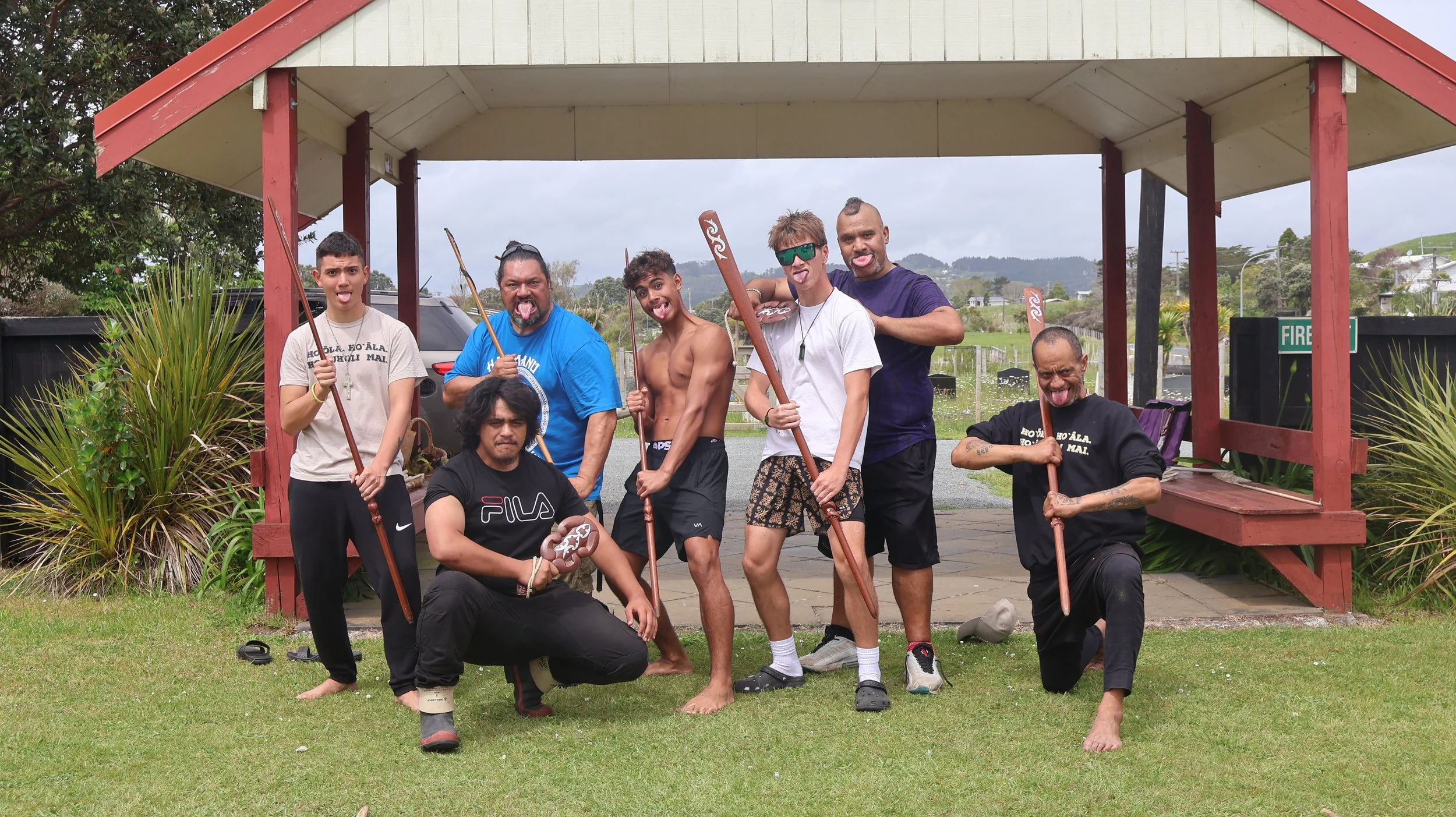 Taiaha with ʻanakala Bodie at Poihākena Marae in Raglan