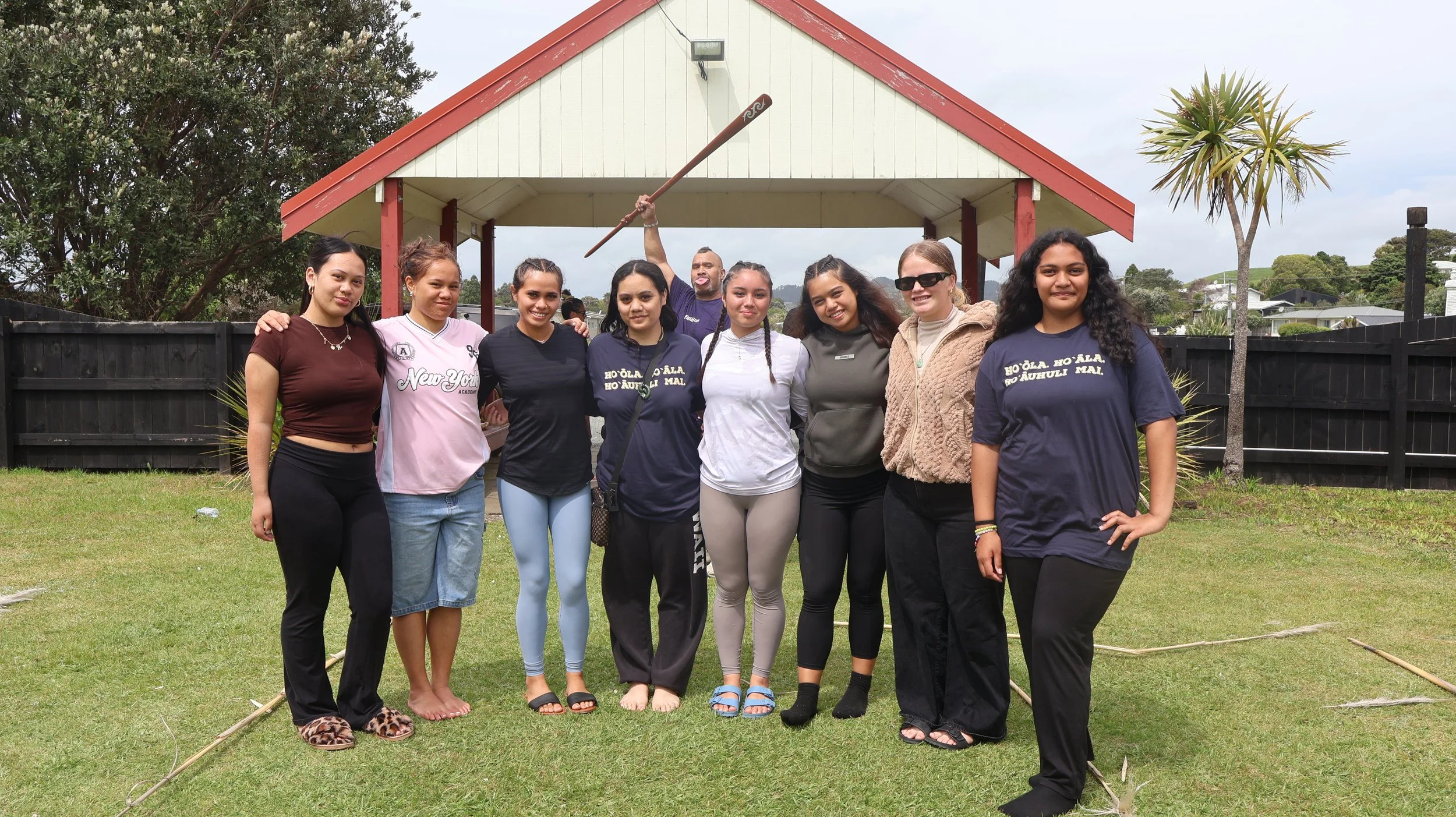 Taiaha with ʻanakala Bodie at Poihākena Marae in Raglan