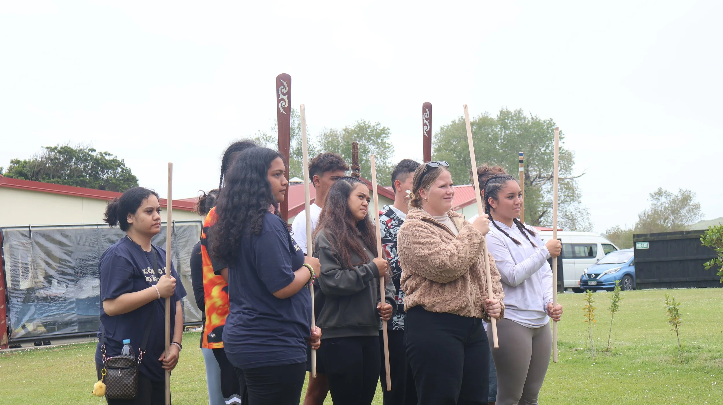 Taiaha with ʻanakala Bodie at Poihākena Marae in Raglan