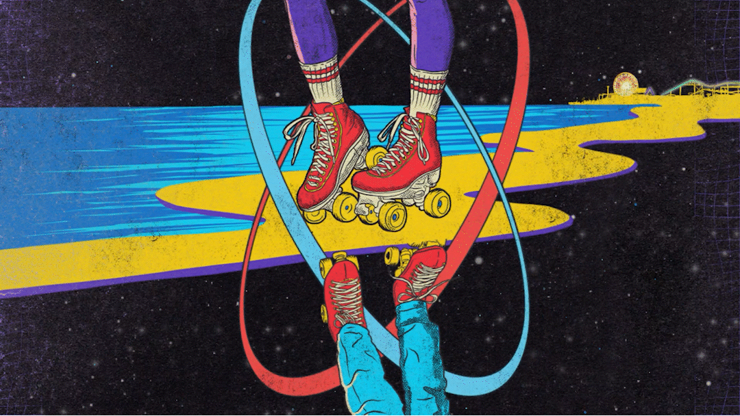 A surreal illustration of two people roller skating in space, with their skates connected by intertwining loops, against a starry background and a colorful cosmic landscape.