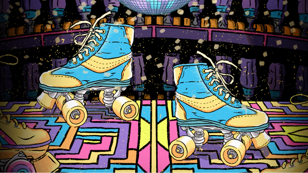 Animated illustration of blue roller skates with yellow accents on a psychedelic dance floor, with a disco ball and cheering crowd in the background.
