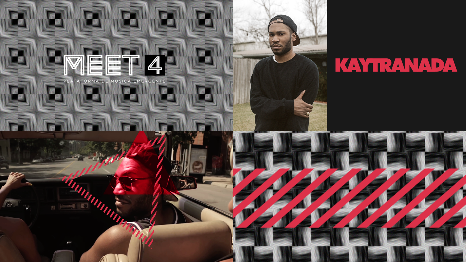 A collage of four images featuring graphic patterns, a young man in a black sweater with arms crossed, a person with a red headscarf and sunglasses in a convertible car, and bold red text reading 'KAYTRANADA' on a black background.