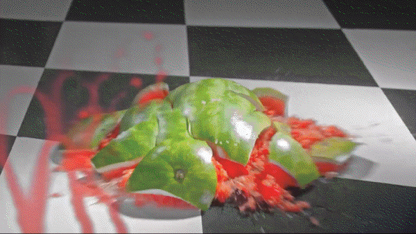 A computer-generated animation of a green broccoli on a black and white checkered surface transforming into a red lobster, with the lobster's claws and antennae emerging from the broccoli head.