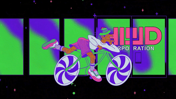 Digital illustration of a dog riding a purple and white bicycle in front of a neon sign that reads 'Help' in pink and green, with a black background and colorful sparkles.