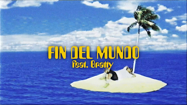 Album cover featuring a small island with a single palm tree and two people relaxing on a boat, with the ocean and sky in the background. Title text reads 'Fin Del Mundo feat. Beatty' in yellow font.